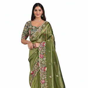 Elegant Women's Embroidered Raw Silk Saree - Olive Green Festive Wear - Green